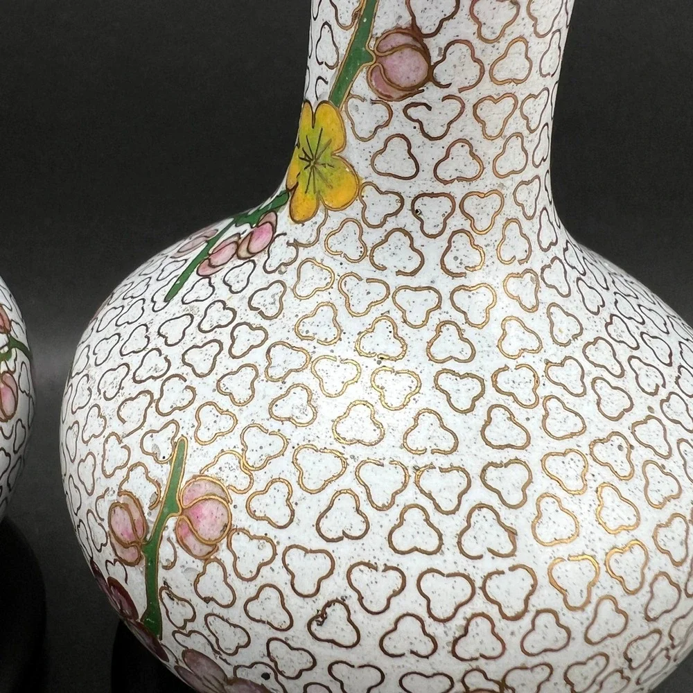 Vintage Cloisonne Vases Cherry Blossom White Pink Yellow Wood Stands Pair 4